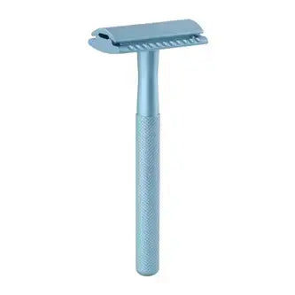 Blue safety razor on a white background