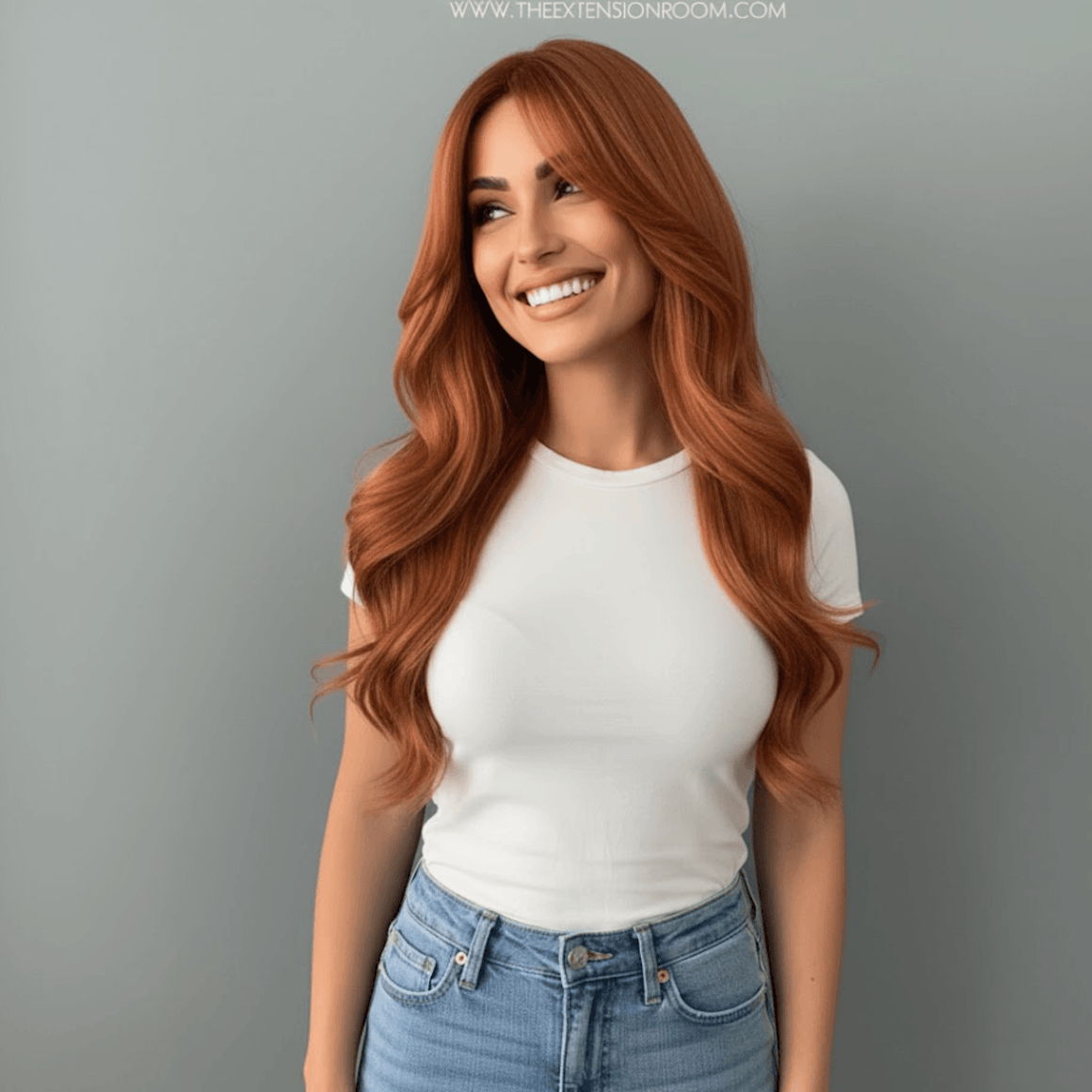Woman smiling with long red auburn loose curls wig and casual outfit, showcasing the Loose Curls Wig style.