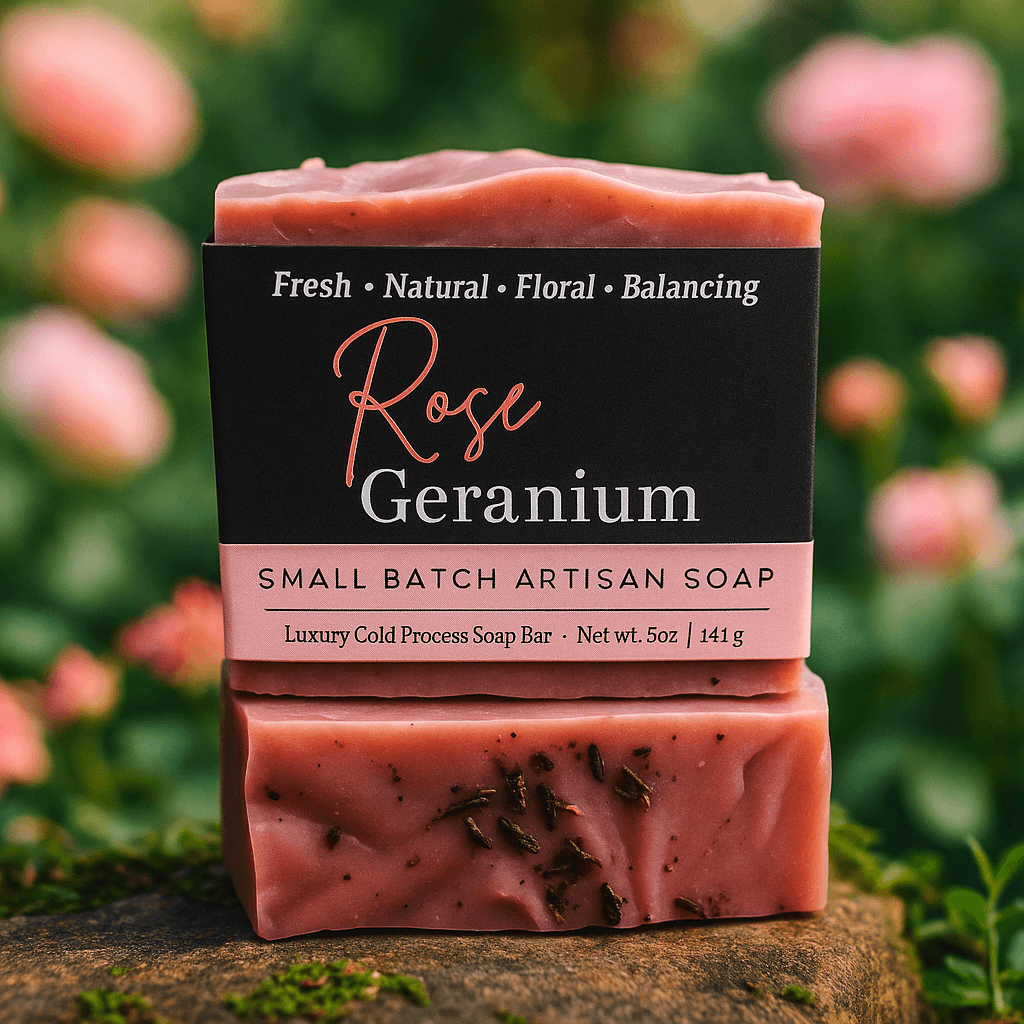 Rose Geranium Bar Soap - Soap Boutique displayed in a floral setting, showcasing its artisan craftsmanship and natural ingredients.