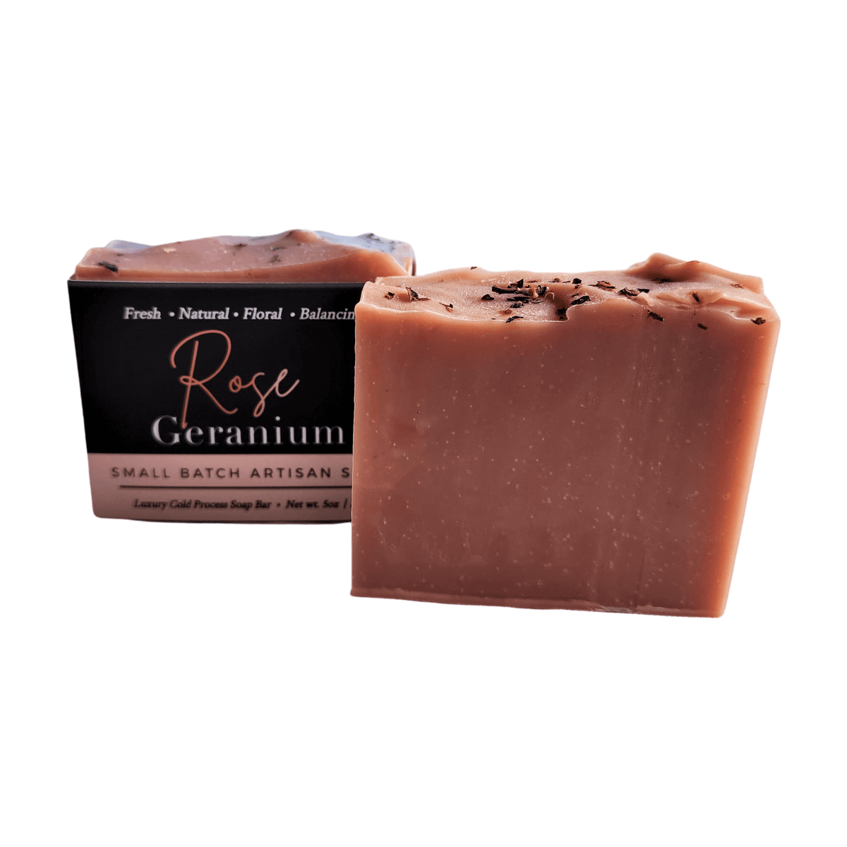 Rose Geranium Bar Soap - Soap Boutique. Handcrafted artisan soap with floral aroma and natural pink hue.
