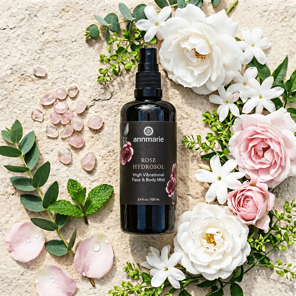 Rose Hydrosol (100ml) - Annmarie Skin Care bottle surrounded by fresh flowers and petals.