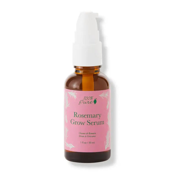 Rosemary Grow Serum bottle with pink label on a white background