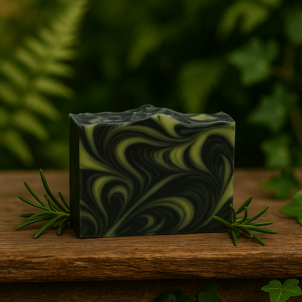 Rosemary Lime Soap Bar - Soap Boutique, handcrafted with charcoal black and lime green swirls, showcasing natural elements.