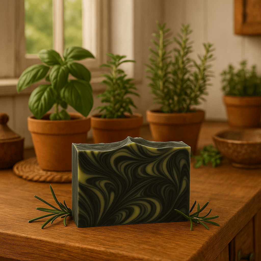 Rosemary Lime Soap Bar - Soap Boutique presented on a wooden counter with greenery in the background.