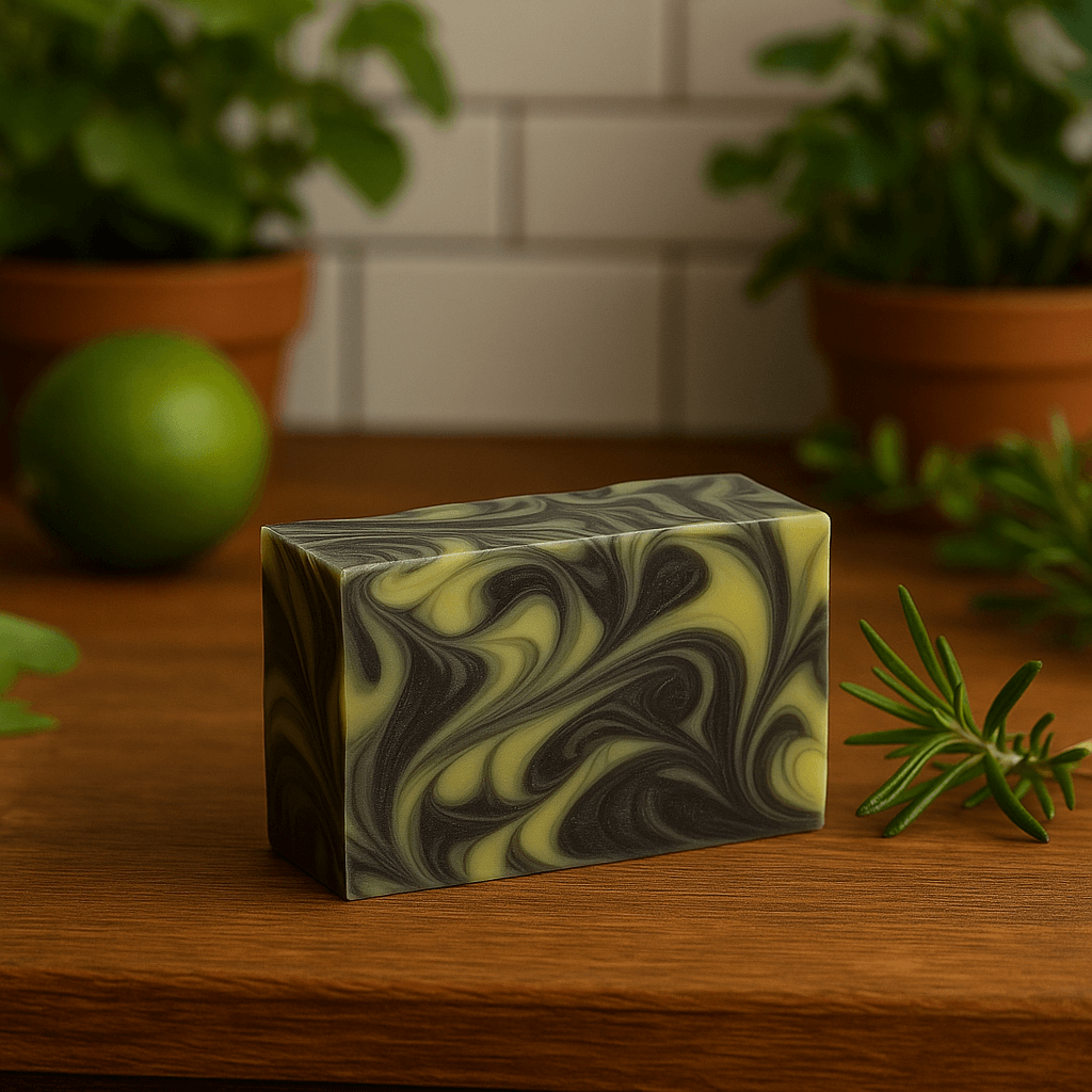 Rosemary Lime Soap Bar - Soap Boutique with charcoal black and lime green swirls on a wooden surface.