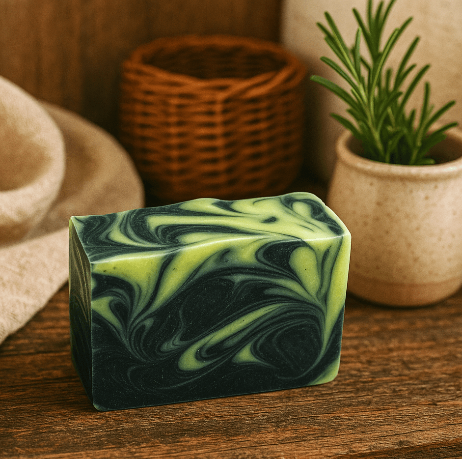 Rosemary Lime Soap Bar - Soap Boutique with black and lime green swirls, displayed on a wooden surface.