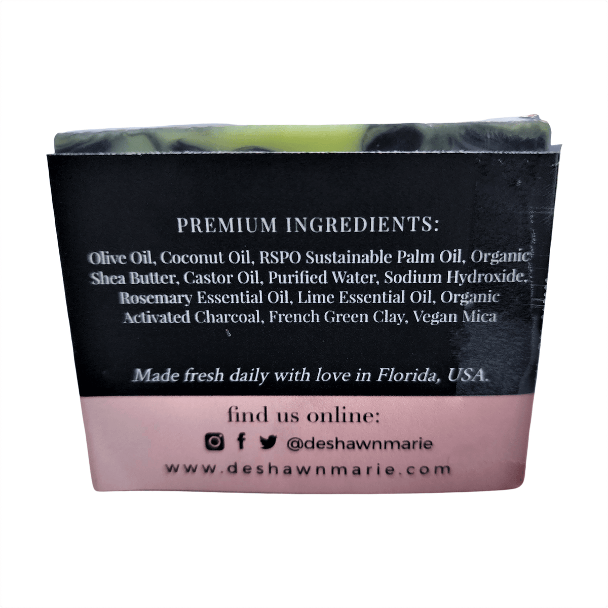 Rosemary Lime Soap Bar - Soap Boutique ingredients list featuring olive oil, coconut oil, and rosemary essential oil.