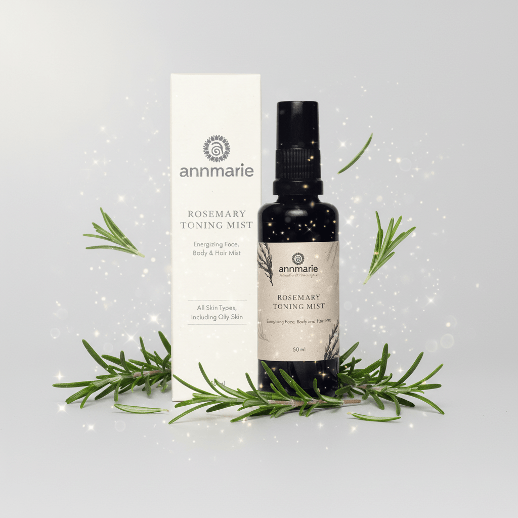 Annmarie Rosemary Toning Mist bottle and packaging with rosemary leaves on a light gray background