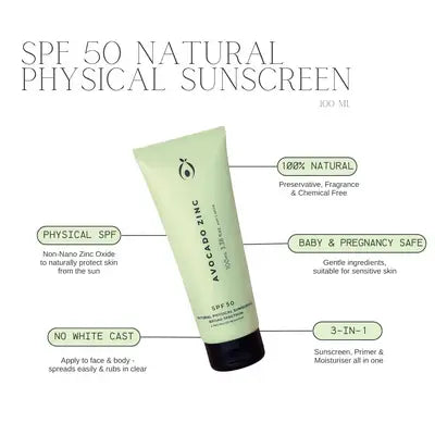 SPF 50 Natural Physical Sunscreen 100ml - Avocado Zinc