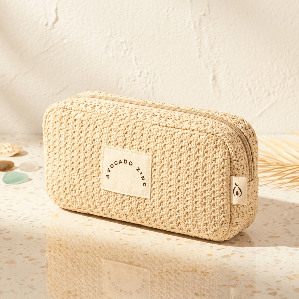 Sand Straw Pouch-Avocado Zinc in sandy beige, stylishly organized for beach or travel essentials.