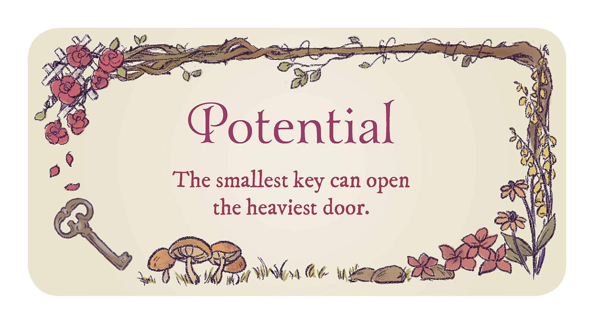 Illustration with the word 'Potential' and a quote about unlocking opportunities surrounded by flowers and mushrooms.