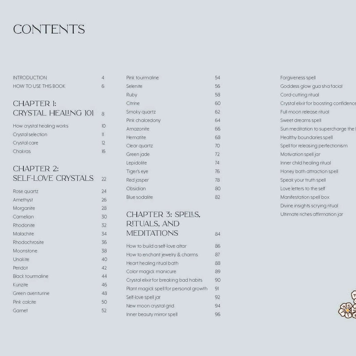 Table of contents for a book on crystal healing with floral illustrations on a light gray background.