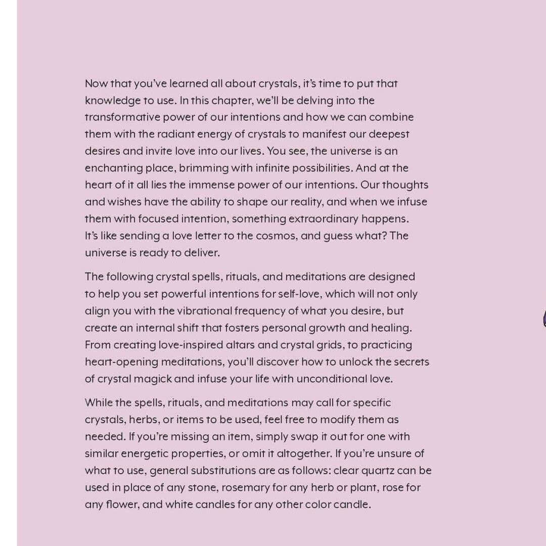 Magazine or book page with crystal-themed design and text on a pink background