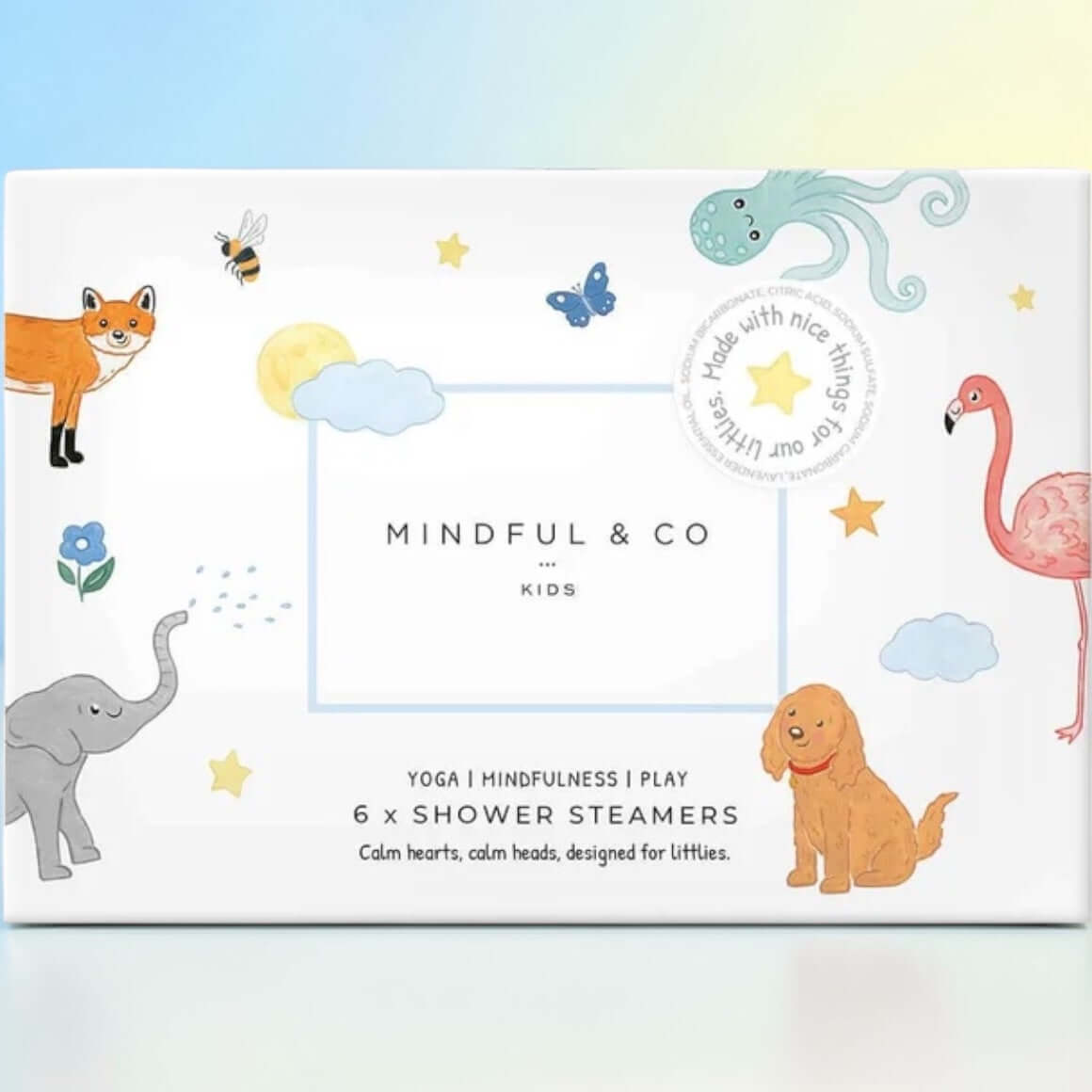 Sensory Shower Steamers x 6 package featuring colorful animals and playful elements for kids.