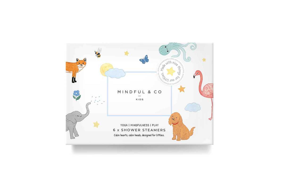 Sensory Shower Steamers x 6 packaging with colorful animal illustrations for kids' mindfulness and play.