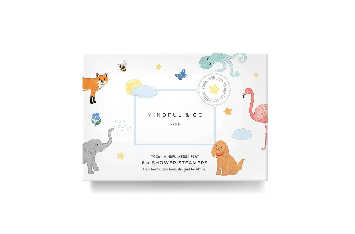 Sensory Shower Steamers x 6 packaging with colorful animal illustrations for kids' mindfulness and play.