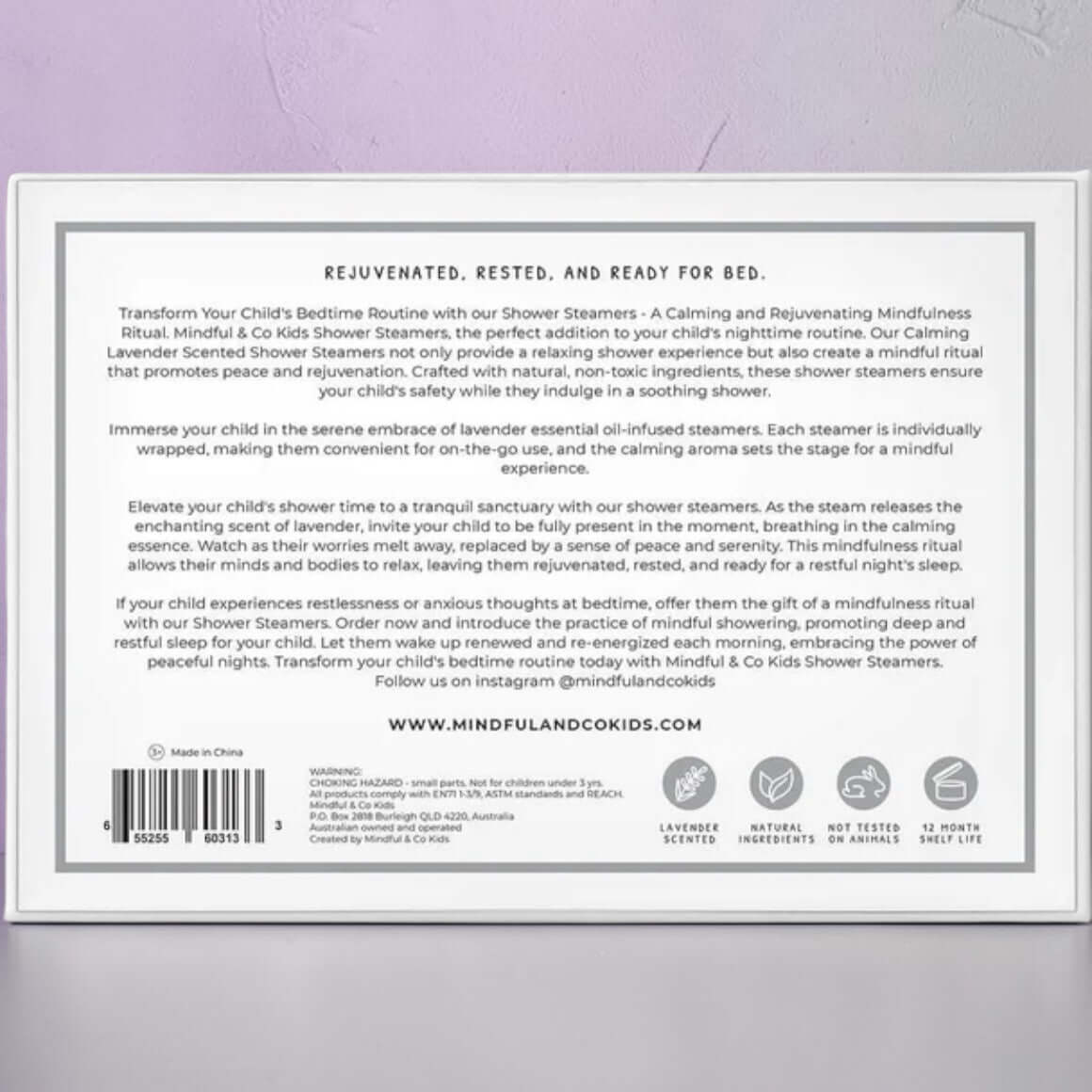 Sensory Shower Steamers x 6 back packaging showcasing calming lavender and relaxation benefits for bedtime.