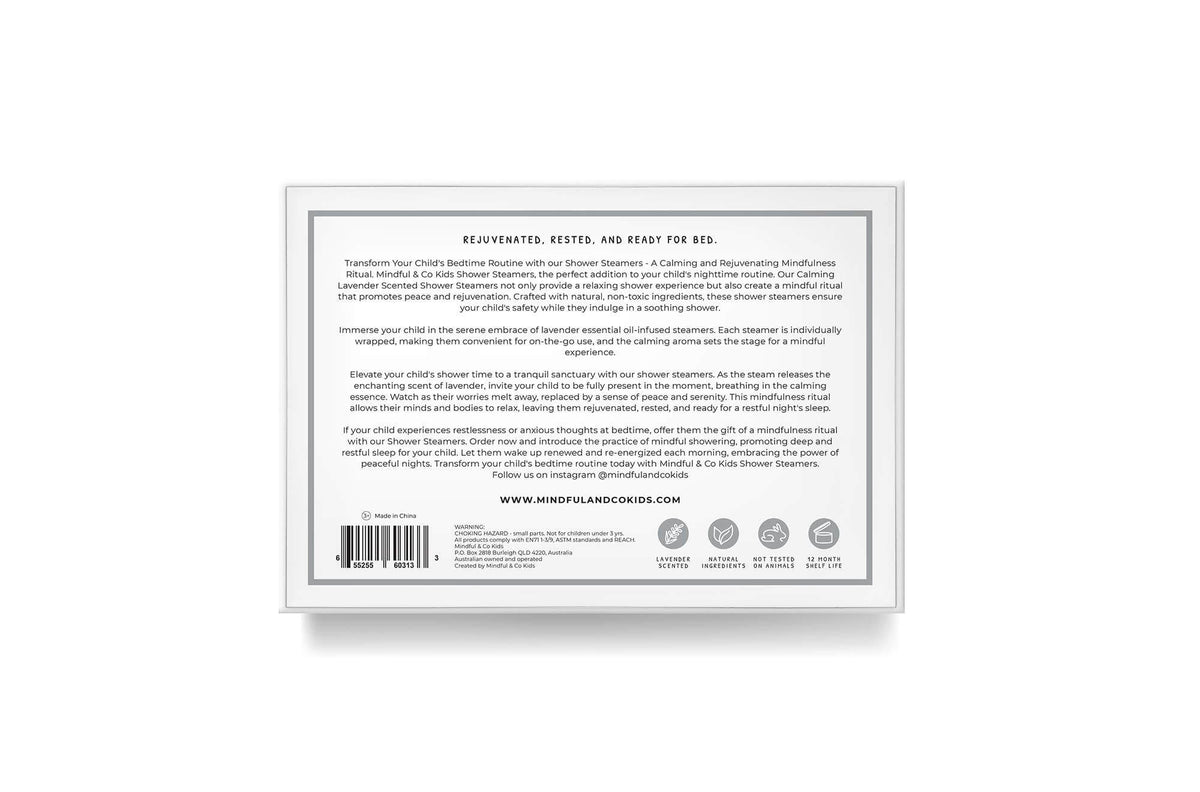 Back of Sensory Shower Steamers x 6 packaging displaying product description and benefits for relaxation.