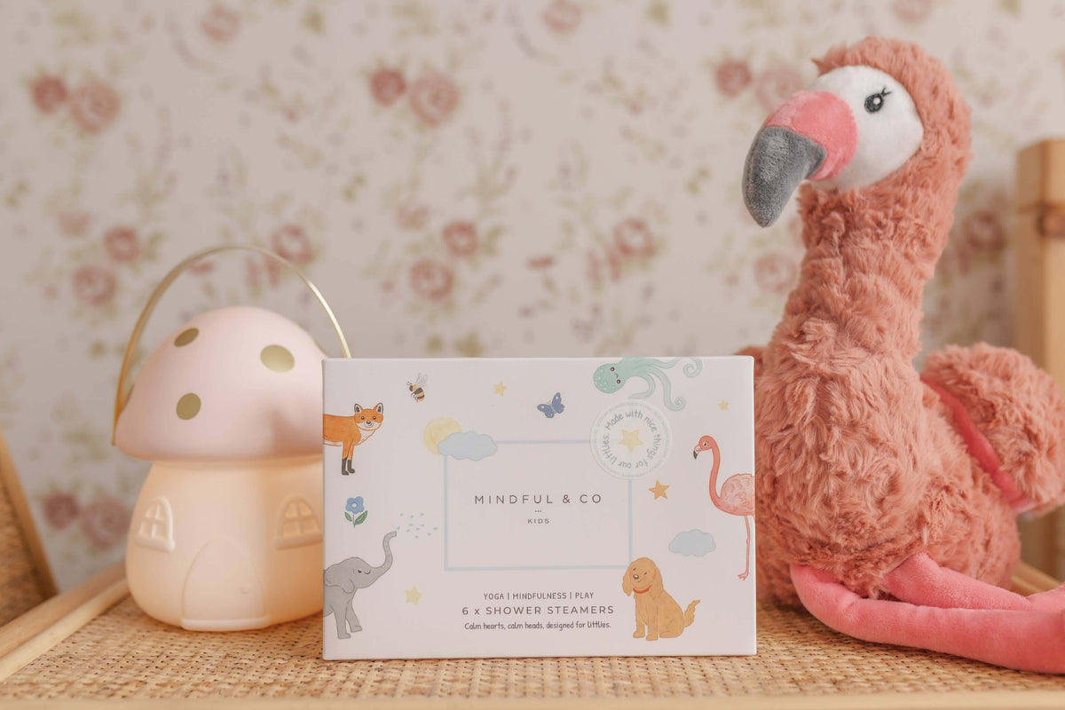 Sensory Shower Steamers x 6 packaging displayed with plush flamingo and decorative mushroom lamp.