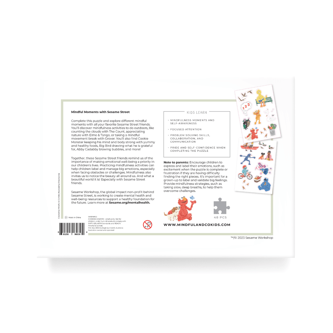 Mindful Moments with Sesame Street Floor Puzzle back cover showing character illustrations and educational information.