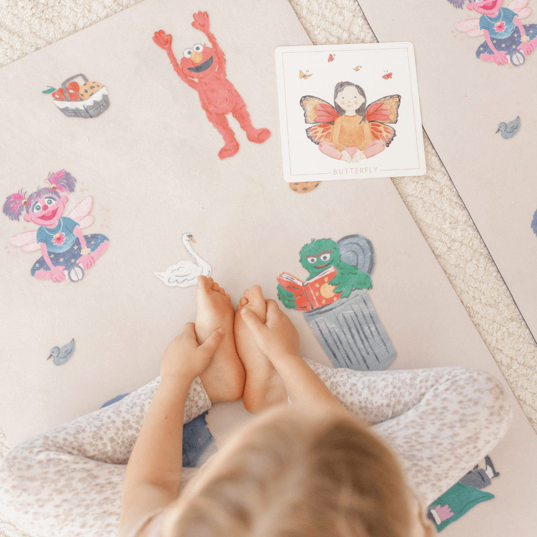 Sesame Street Print Kids Yoga Mat showing characters and yoga flash cards for children's mindfulness activities.