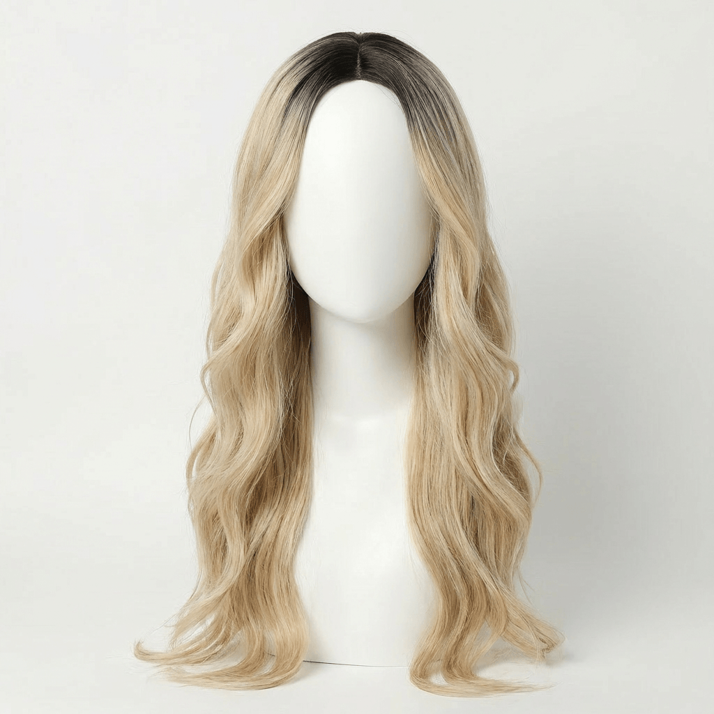Shannon Long Blonde Lace Front Wig featuring soft waves and natural roots for a glamorous look.