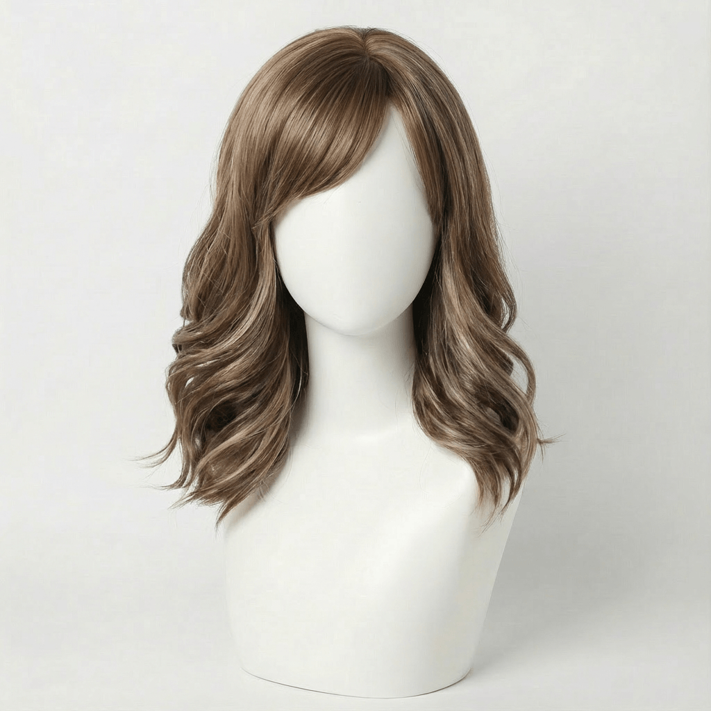 Short brown highlighted wig styled on a mannequin, showcasing soft waves and natural movement.