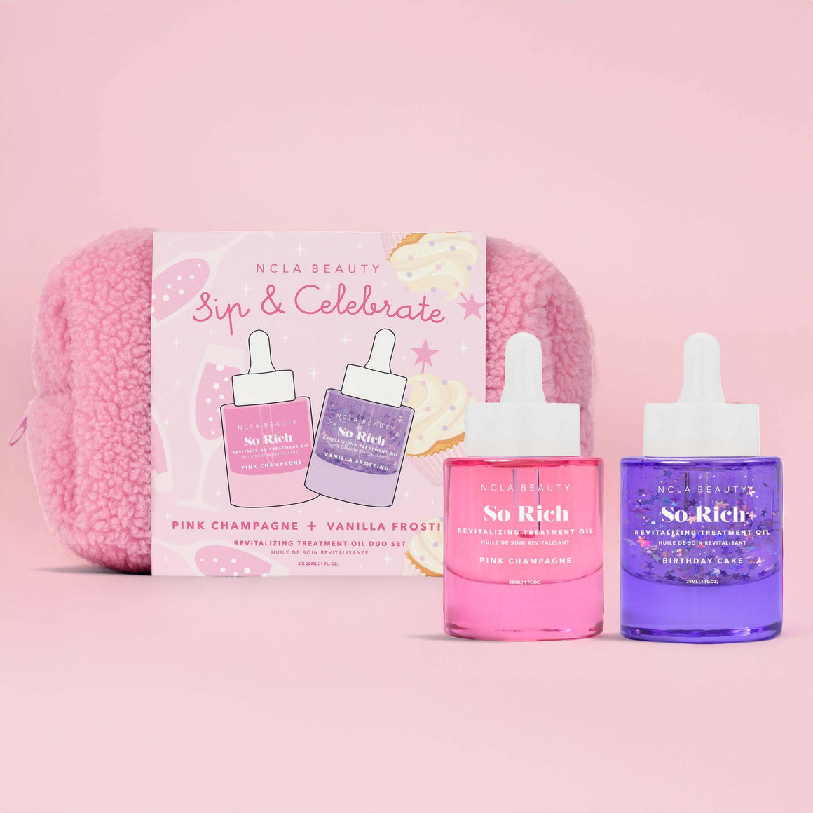 NCLA Beauty 'Sip & Celebrate' product set with pink and purple bottles on a pink background