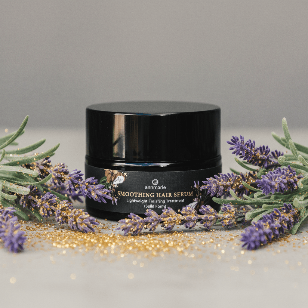 Black hair serum jar with lavender flowers on a light background