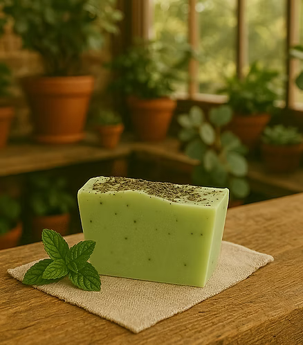 Green bar of soap with specks on a wooden surface, surrounded by potted plants.