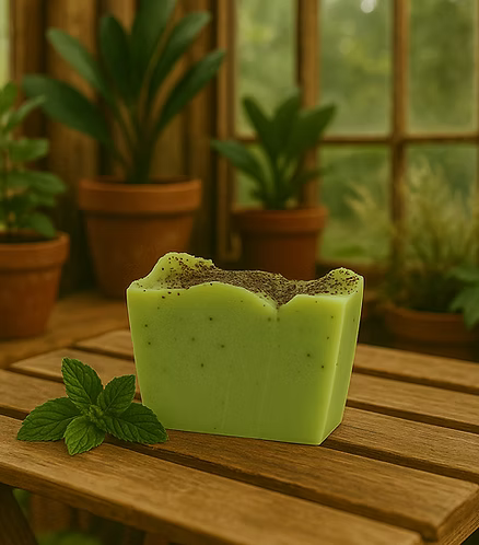 Green soap bar with specks on a wooden surface with plants in the background