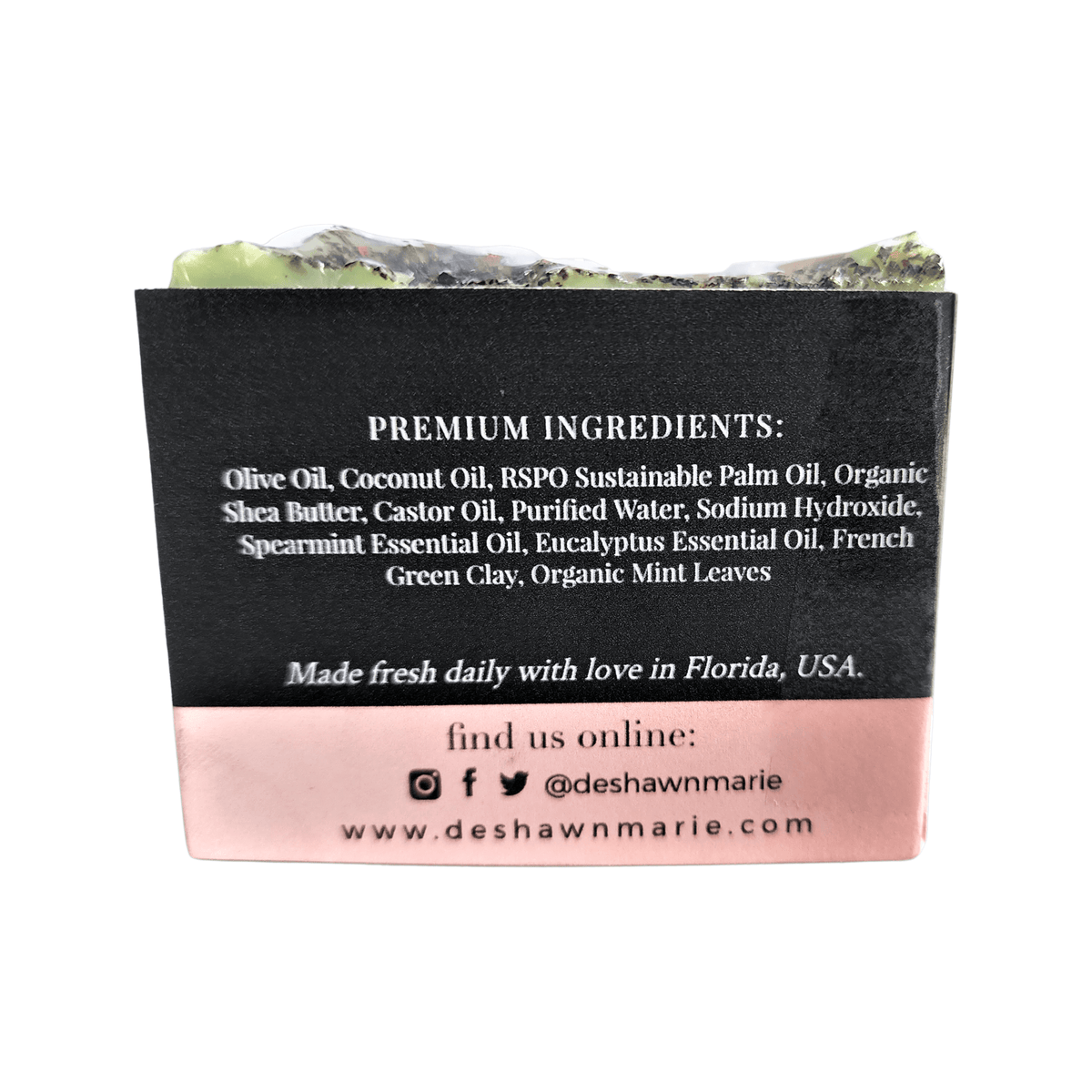 Ingredients list for Spearmint Eucalyptus Bar Soap - Soap Boutique, featuring olive oil, shea butter, and essential oils.