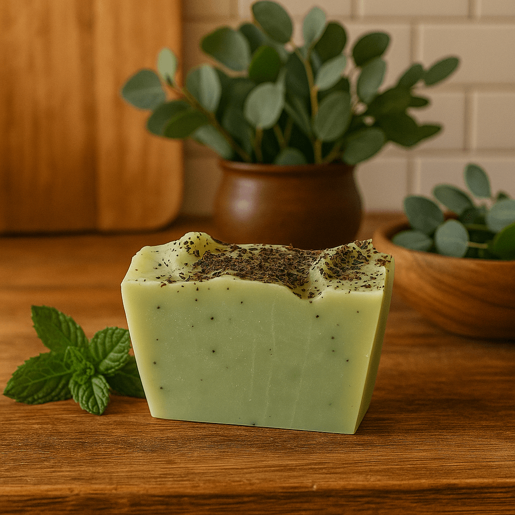 Spearmint Eucalyptus Bar Soap - Soap Boutique on a wooden surface with fresh mint and eucalyptus leaves.