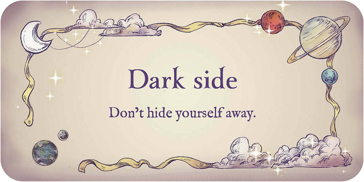 Decorative card with celestial design and motivational quote on a beige background