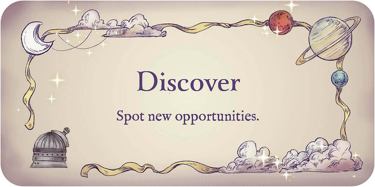 Decorative card with celestial designs and the text 'Discover Spot new opportunities.'