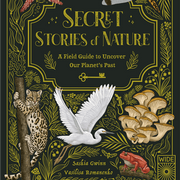 Book cover of 'Secret Stories of Nature' with illustrations of animals and plants on a dark background.
