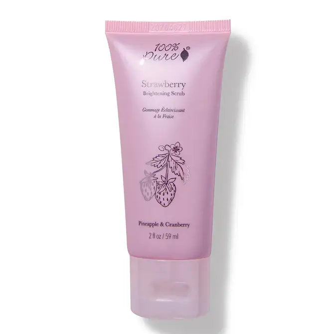 100% Pure Strawberry Brightening Scrub tube, nourishing skin with fruit enzymes and vitamins.