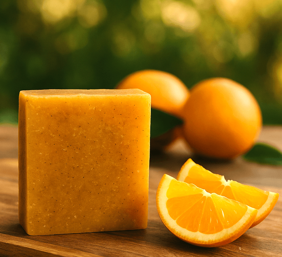 Sun Kissed Orange Soap Bar - Soap Boutique next to fresh orange slices on a wooden table with a blurred background.