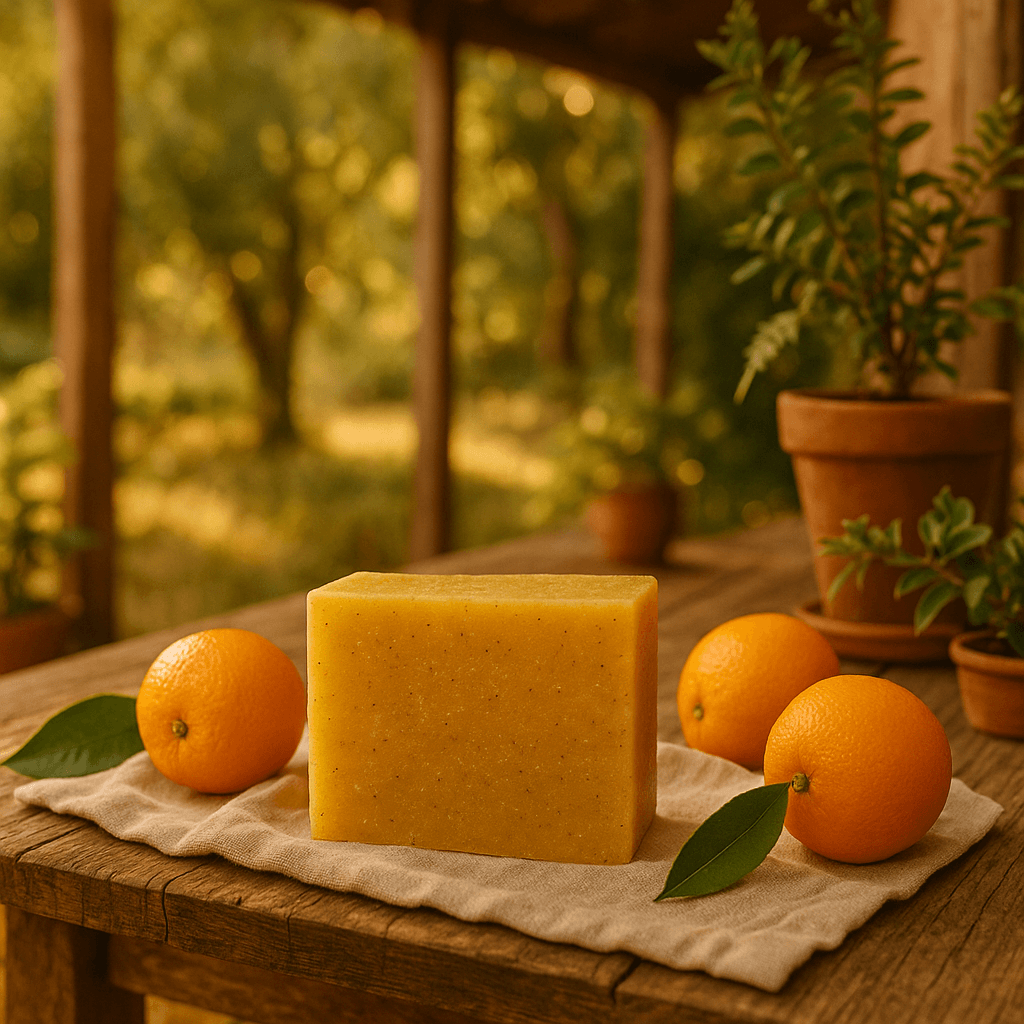 Sun Kissed Orange Soap Bar - Soap Boutique with fresh oranges, placed on a cloth in a garden setting.
