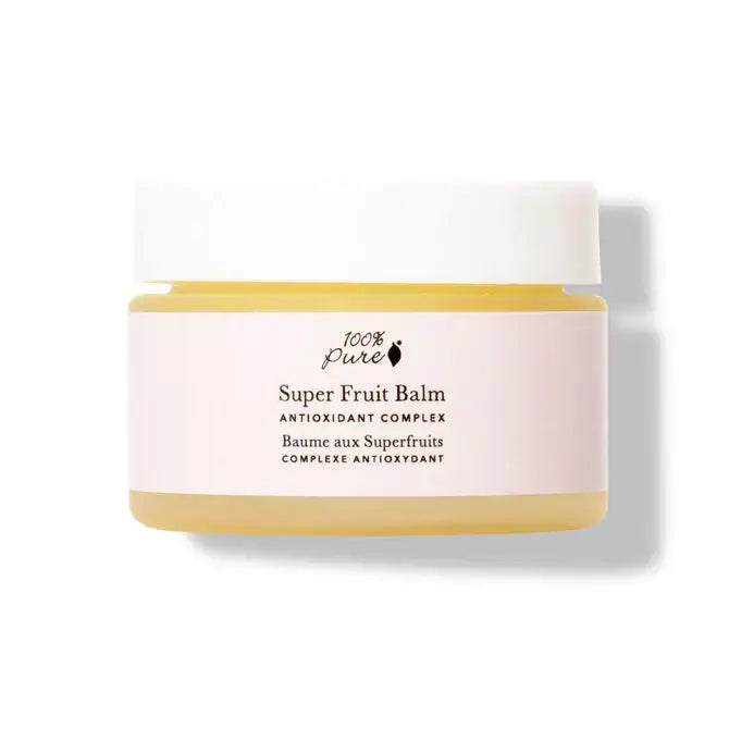 Super Fruit Balm jar showing antioxidant complex for nourishing dry or sensitive skin, 100% pure formula.