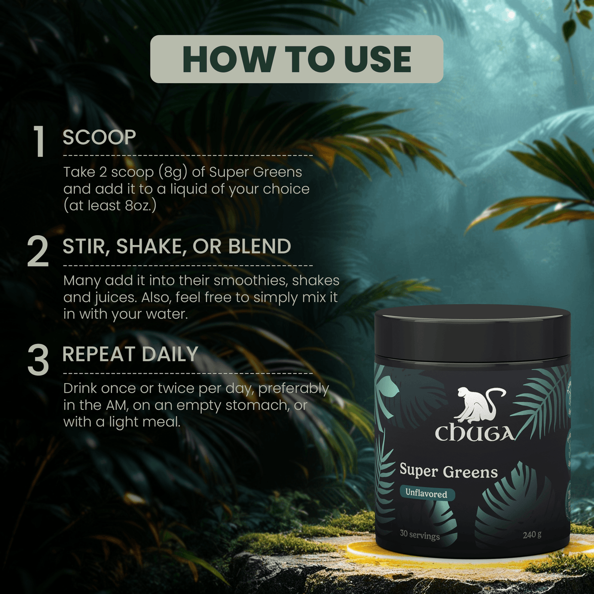 How to use Super Greens Powder: scoop, stir, and repeat daily for health benefits with organic super greens powder.