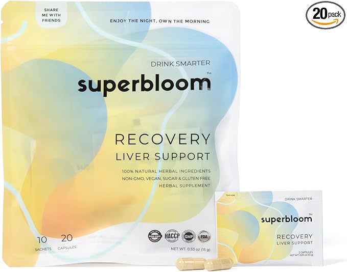 Superbloom Recovery Liver Support | Liver Detox with DHM, Turmeric, Milk Thistle | 10 Sachets, 20 Capsules | Enjoy The Night, Own The Morning