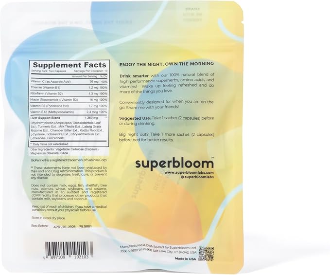 Superbloom Recovery Liver Support | Liver Detox with DHM, Turmeric, Milk Thistle | 10 Sachets, 20 Capsules | Enjoy The Night, Own The Morning