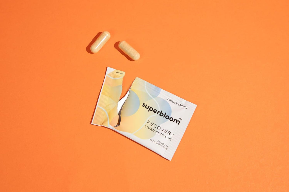 Superbloom Recovery Liver Support | Liver Detox with DHM, Turmeric, Milk Thistle | 10 Sachets, 20 Capsules | Enjoy The Night, Own The Morning