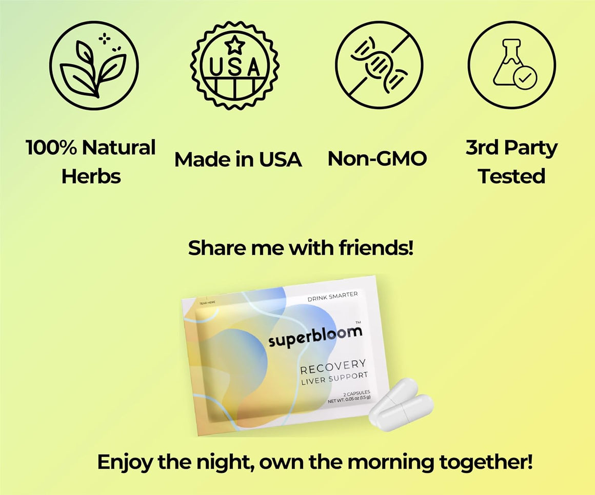 Superbloom Recovery Liver Support | Liver Detox with DHM, Turmeric, Milk Thistle | 10 Sachets, 20 Capsules | Enjoy The Night, Own The Morning