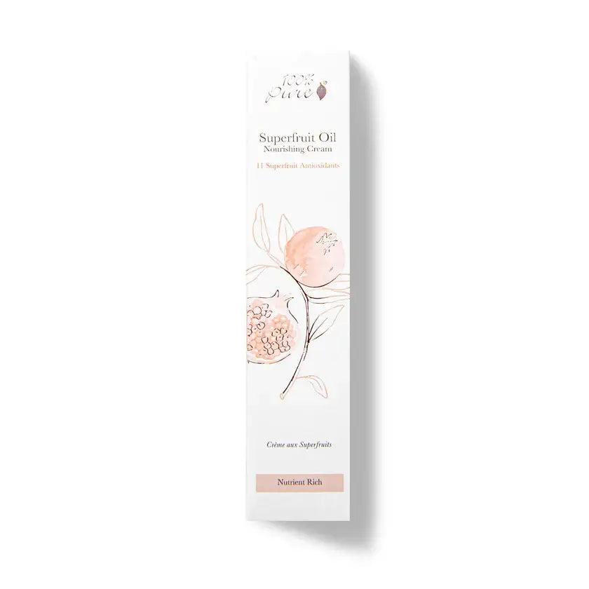 Superfruit Oil Nourishing Cream packaging featuring botanical illustrations and nutrient-rich description.