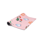 Sweet Print Kids Yoga Mat with Chloe Jasmine illustrations featuring butterflies, strawberries, and foxes on a pink background.