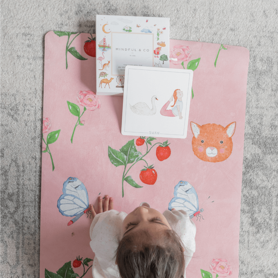 Sweet Print Kids Yoga Mat featuring charming illustrations and accessories for creative yoga sessions.