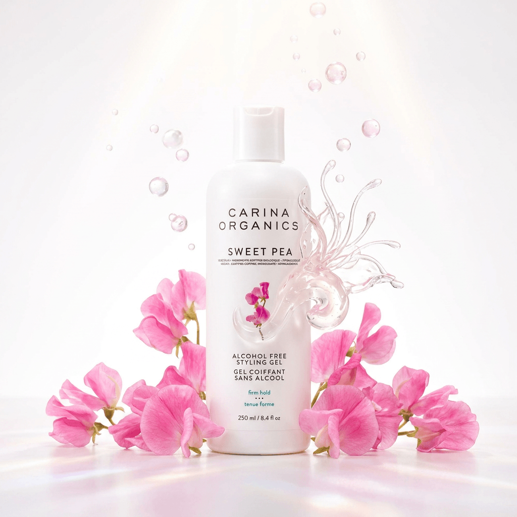 Carina Organics Sweet Pea product with pink flowers on a white background