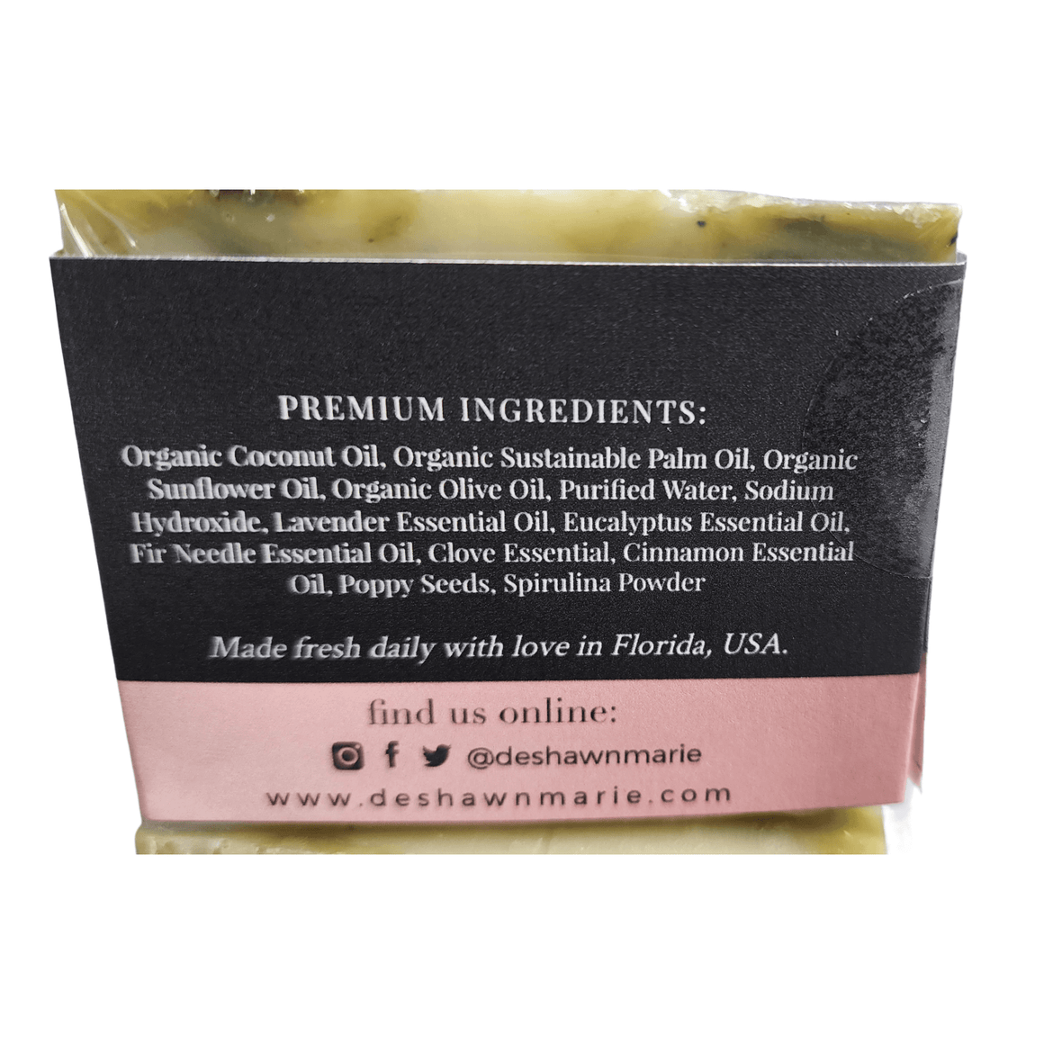 Tasmanian Seagrass Soap - Soap Boutique ingredients list showcasing organic oils and natural components.